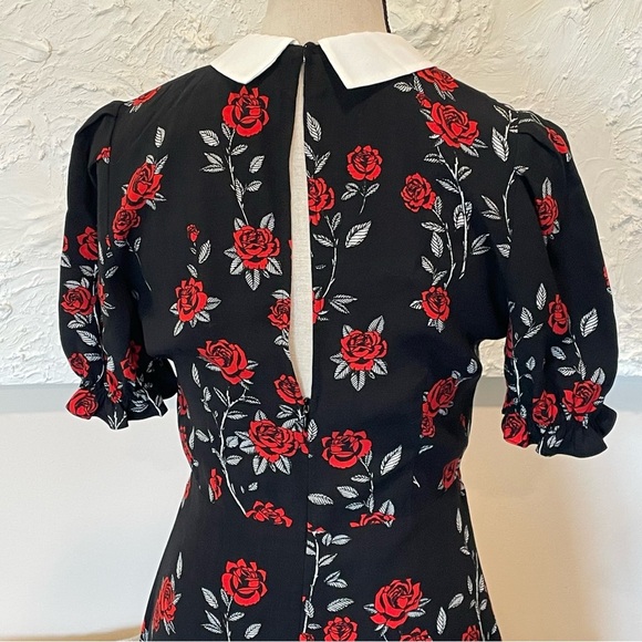 Sandro Lulu Rose Print Dress Short Sleeve Open Back Black White Red Sz 1 Small - Picture 5 of 9